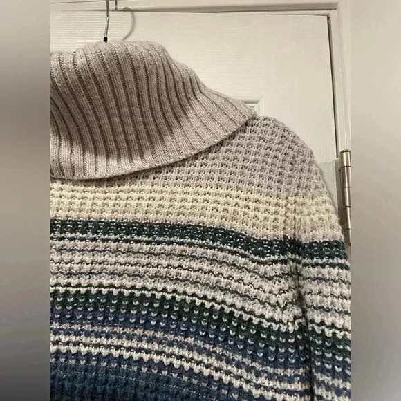 L.L. Bean Merino Wool Blend Blue Striped Cowl Neck Waffle Knit Pullover Size XS - Picture 5 of 10